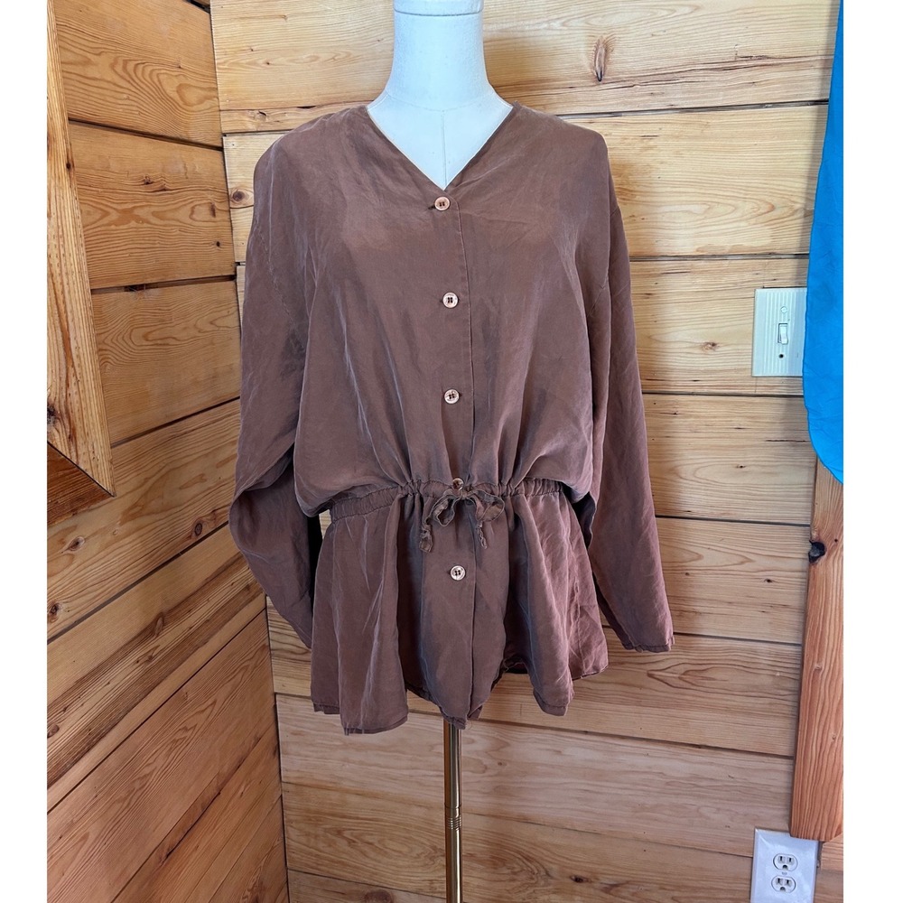 Vintage Silk Blouse Womens Medium‎ Brown Cinched Waist Tunic Top Vero Moda Boho